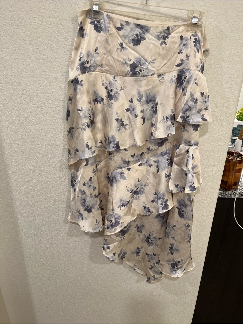 Floral Ruffle Midi Skirt in Cream and Blue